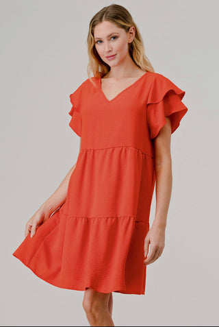 Orange Nora Tiered Flutter Sleeve V-Neck Dress