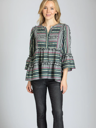 Striped Tiered Tunic With Fringed Detail $92.00