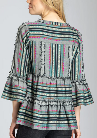 Striped Tiered Tunic With Fringed Detail $92.00