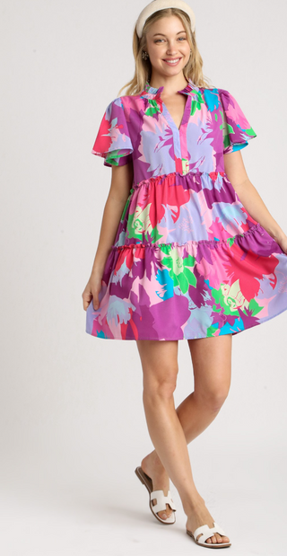 Abstract Print Ruffle Tiered A-Line Dress