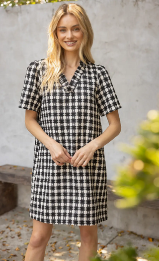 The Ashton Plaid Tweed Ruffle Neckline Dress