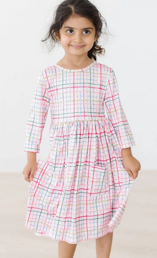 Pink Plaid 3/4 Sleeve Pocket Twirl Dress