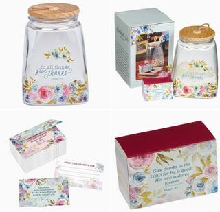 Give Thanks Pink Ranunculus Glass Gratitude Jar with Cards -