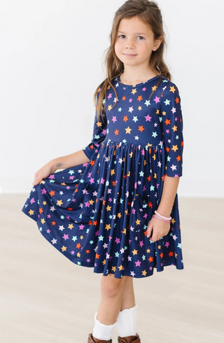 Stars 3/4 Sleeve Pocket Twirl Dress