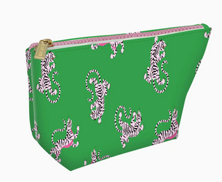 Leather Pink Green Tiger Cosmetic Pouch