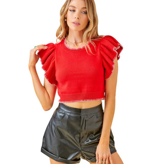 Ruffle Sleeves Cropped Sweater