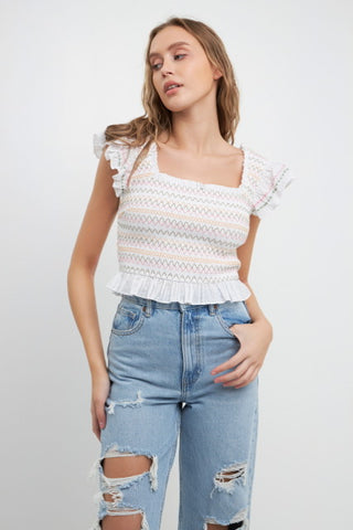 Smocked and Embroidered Crop Top