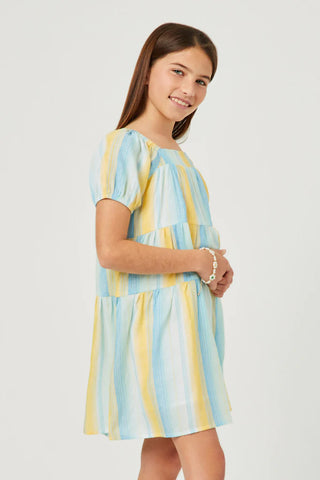 Textured Vertical Stripe Puff Sleeve Tiered Dress