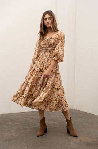 Brown tone Floral Midi Dress